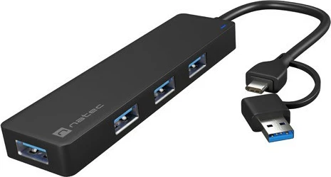 Hub USB Natec Mayfly NHU-2023, 4 porta USB-A, me adapter USB-A në USB-C, e zezë