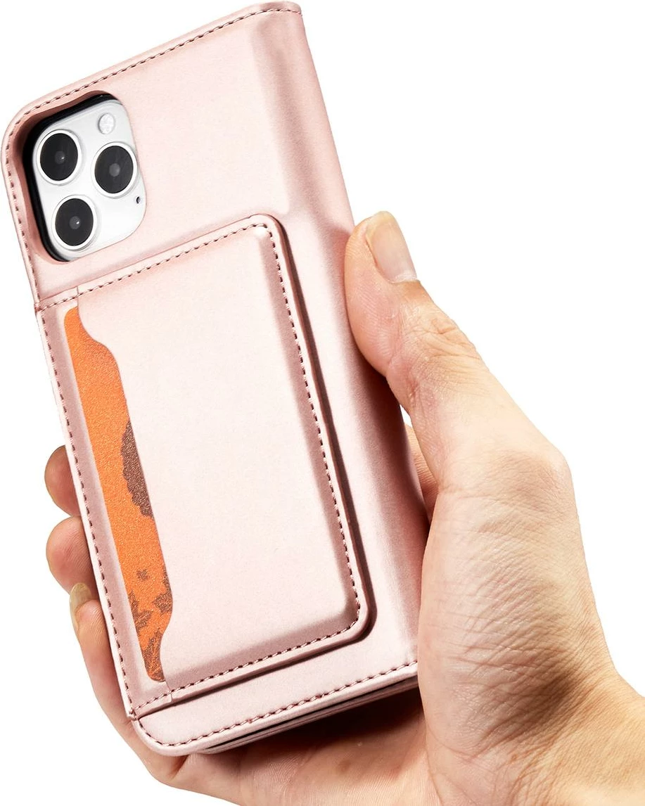 Mbështjellës Hurtel Magnet Card Case për iPhone 12 Pro Max, me xhep për karta, rozë