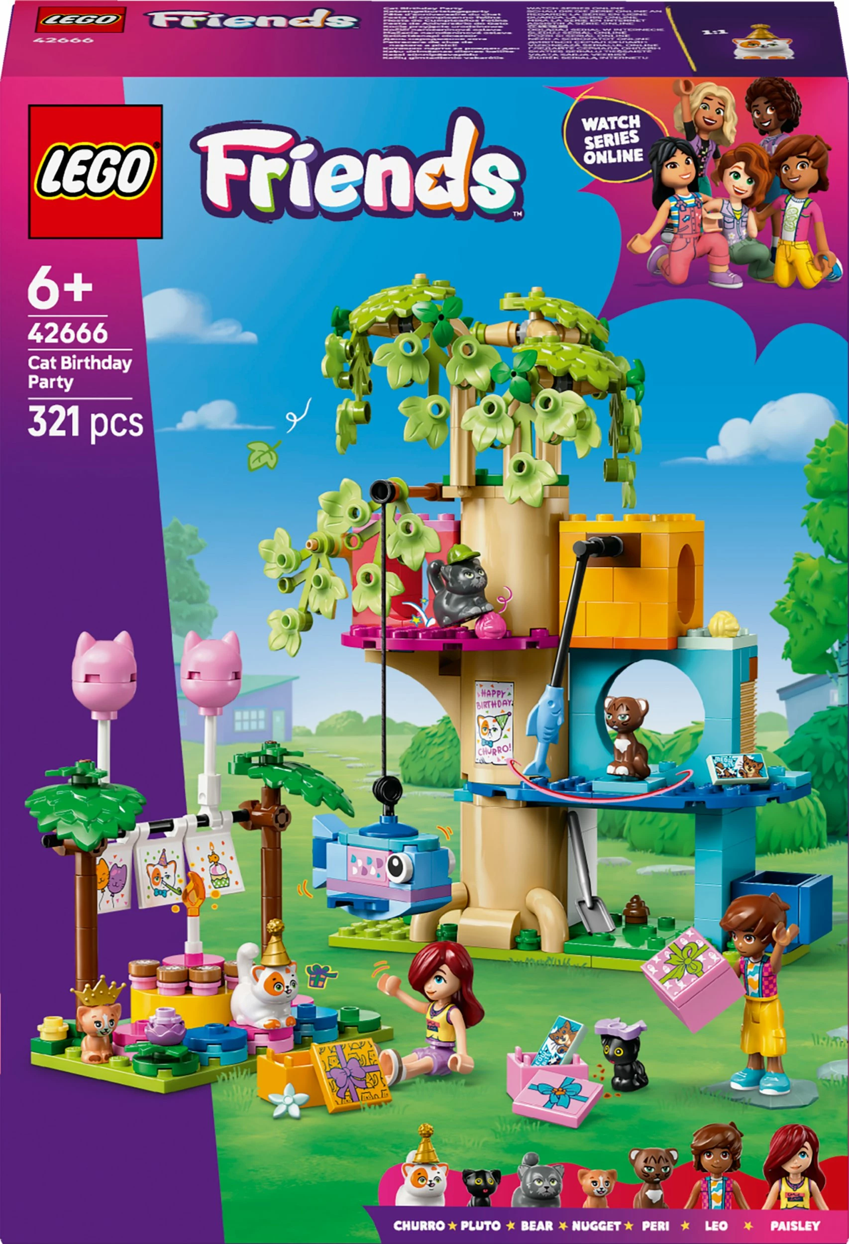 Set ndërtimi LEGO Friends 42666 Cat Birthday Party and Tree House, 321 copë