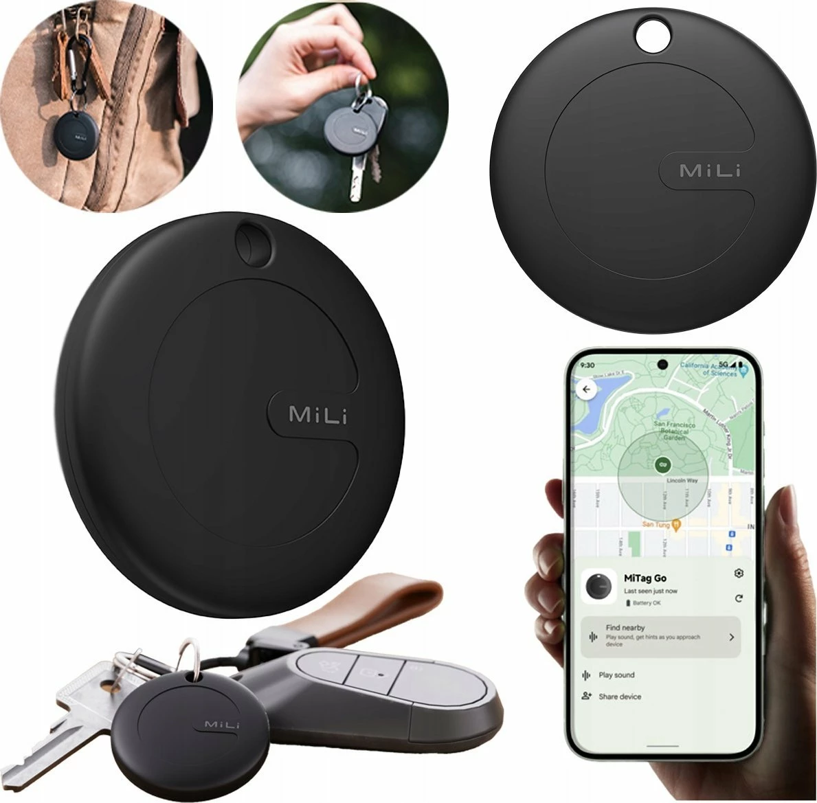 Lokator GPS/Bluetooth MiLi MiTag, BLE 5.0, IP65, bateri CR2032, kompatibil me Android Find My Device, i zi, me këllëf lëkure keychain, 1 copë