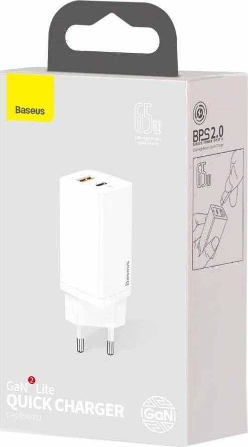 Karikues muri Baseus GaN2 Lite CCGAN2L-B02 65W 1x USB-C + 1x USB-A i bardhë