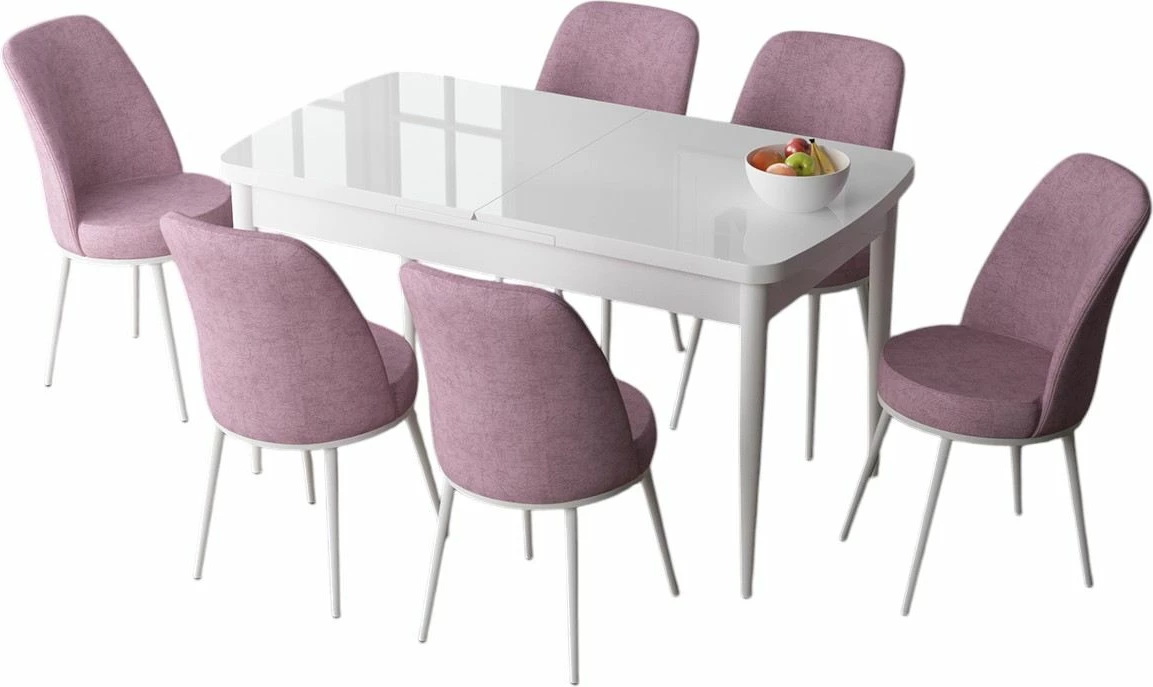 Set tavoline me karrige për ngrënie, zgjatues, 7 pjesë, Skye Decor, Zen, e bardhë, rozë
