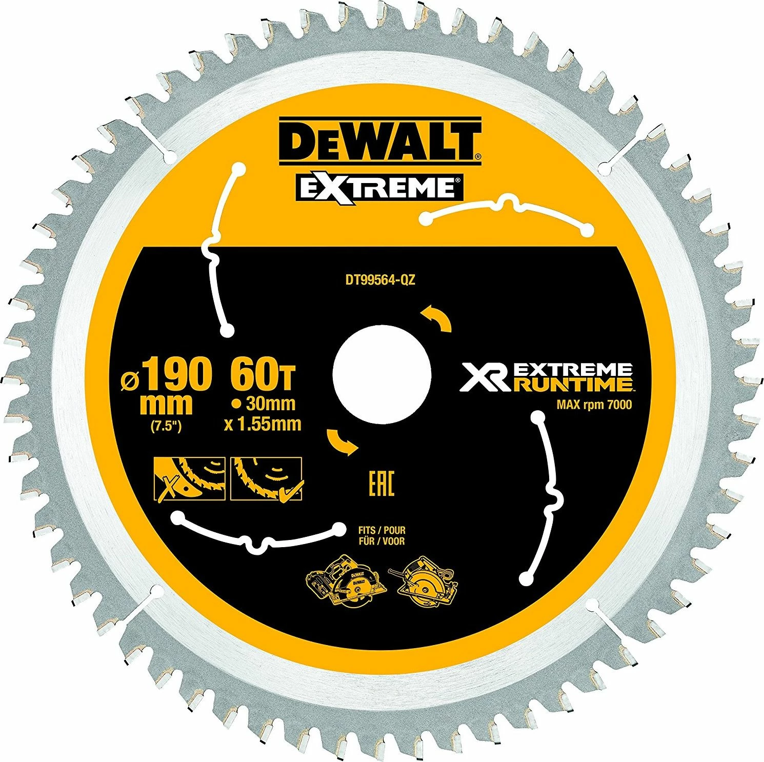 Disk për sharrë rrethore DeWalt DT99564 190mm, vrimë 30mm, 60 dhëmbë (metal)