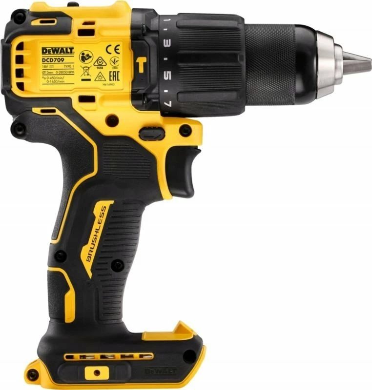 Trapan/vidhosës me bateri (impact) DeWalt DCD709N 18 V, brushless, 65 Nm, 13 mm, pa bateri/pa karikues, verdhë/zezë
