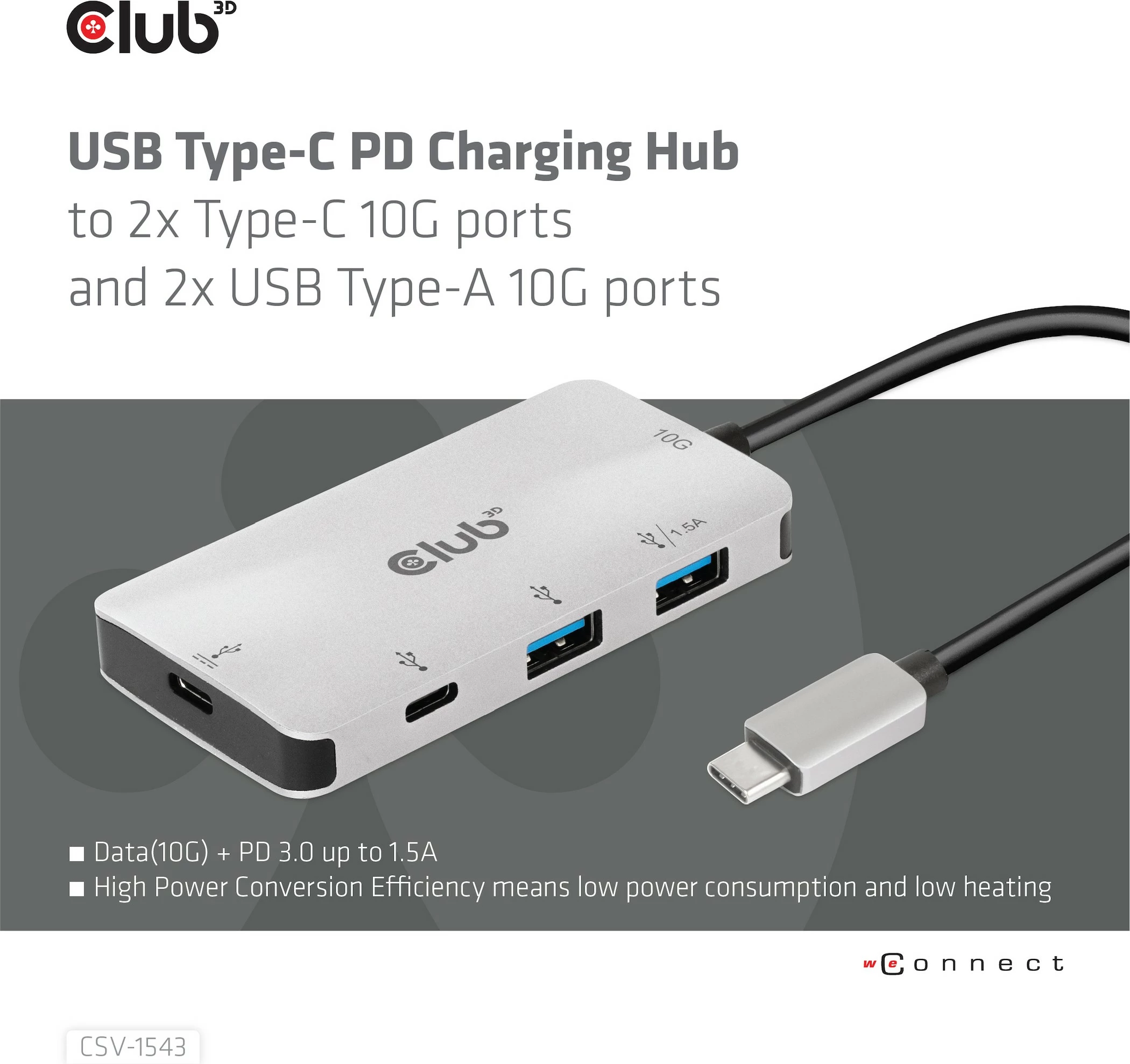 Adapter USB-C Club3D CSV-1543, 2x USB-C, 2x USB-A, 100W, zi/argjendtë