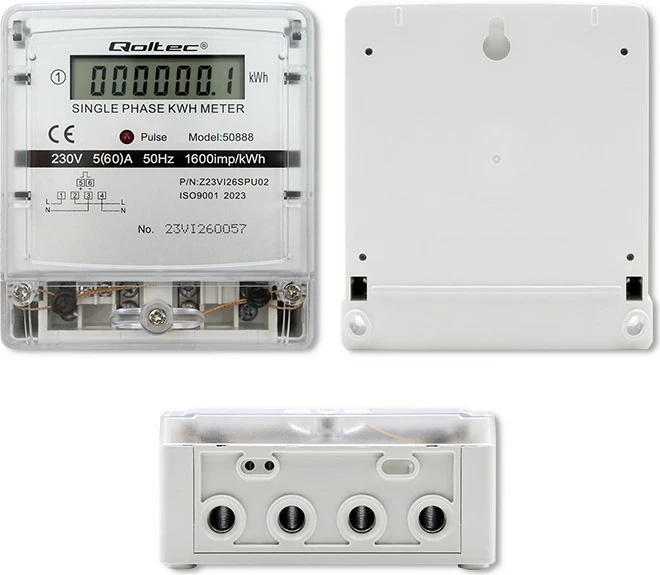 Matës energjie Qoltec 50888, njëfazësh, LCD, 230V, Gri
