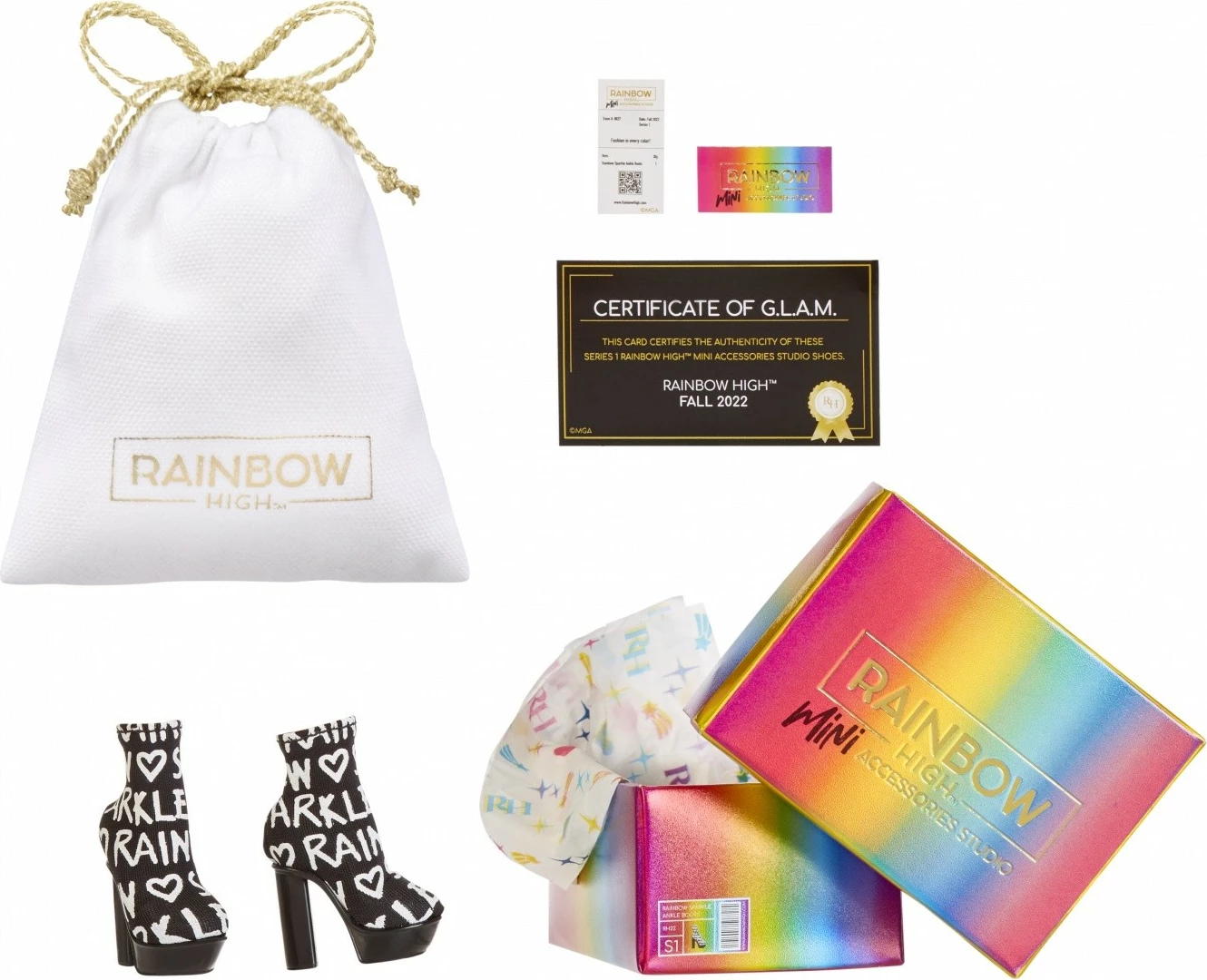 Set këpucësh për kukulla Rainbow High, MGA, 27 copë, shumëngjyrëshe