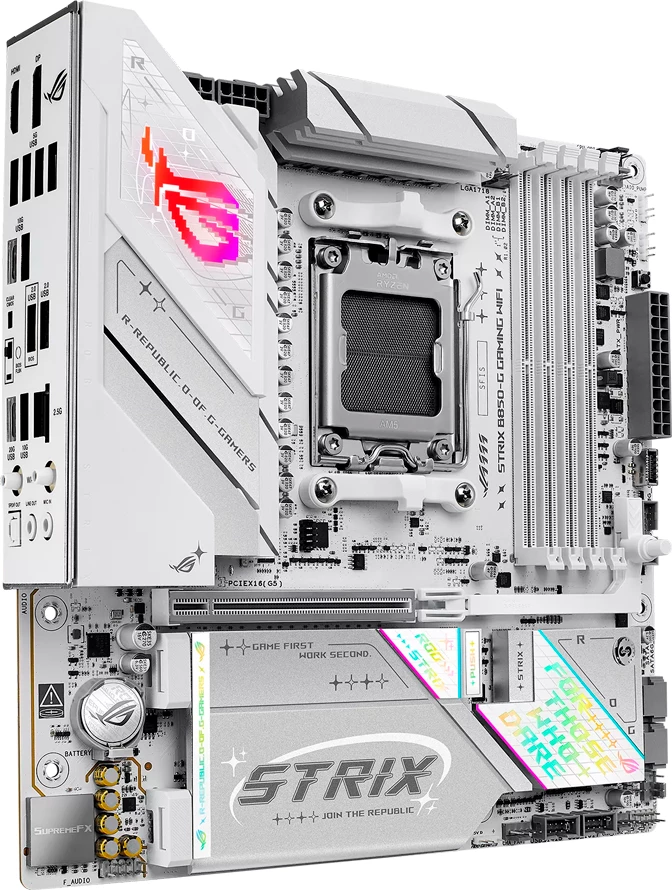 Pllakë amë ASUS ROG STRIX B850-G GAMING WIFI, AM5 mATX, DDR5 4xDIMM, 4xM.2, PCIe 5.0, 2.5GbE, WiFi 7, Bluetooth 5.4, HDMI/DisplayPort, Aura Sync, e bardhë