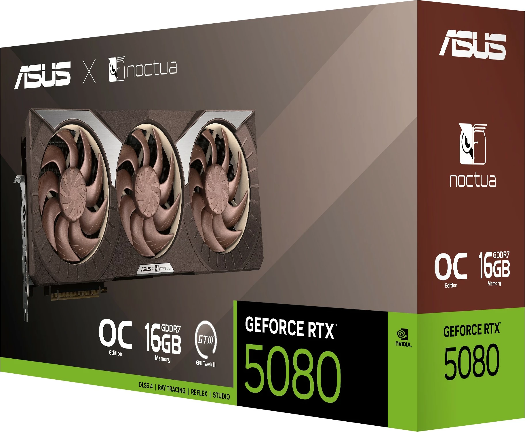 Kartelë grafike ASUS RTX 5080 Noctua OC Edition 16GB GDDR7, 3 ventilatorë, kafe