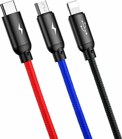 Kabllo USB 3-në-1 Baseus CAMLT-ASY01 0.3 m 3.5A USB-A në USB-C/microUSB/Lightning, blu/kuqe/zezë