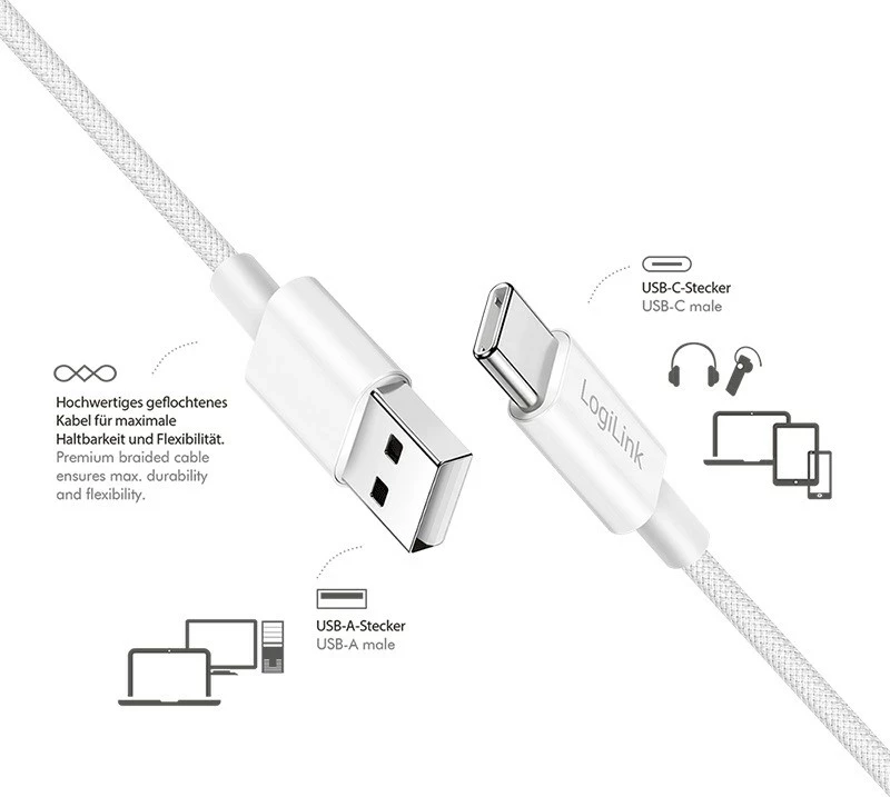 Kabëll LogiLink USB-A në USB-C 0.5m, najlon, bardhë