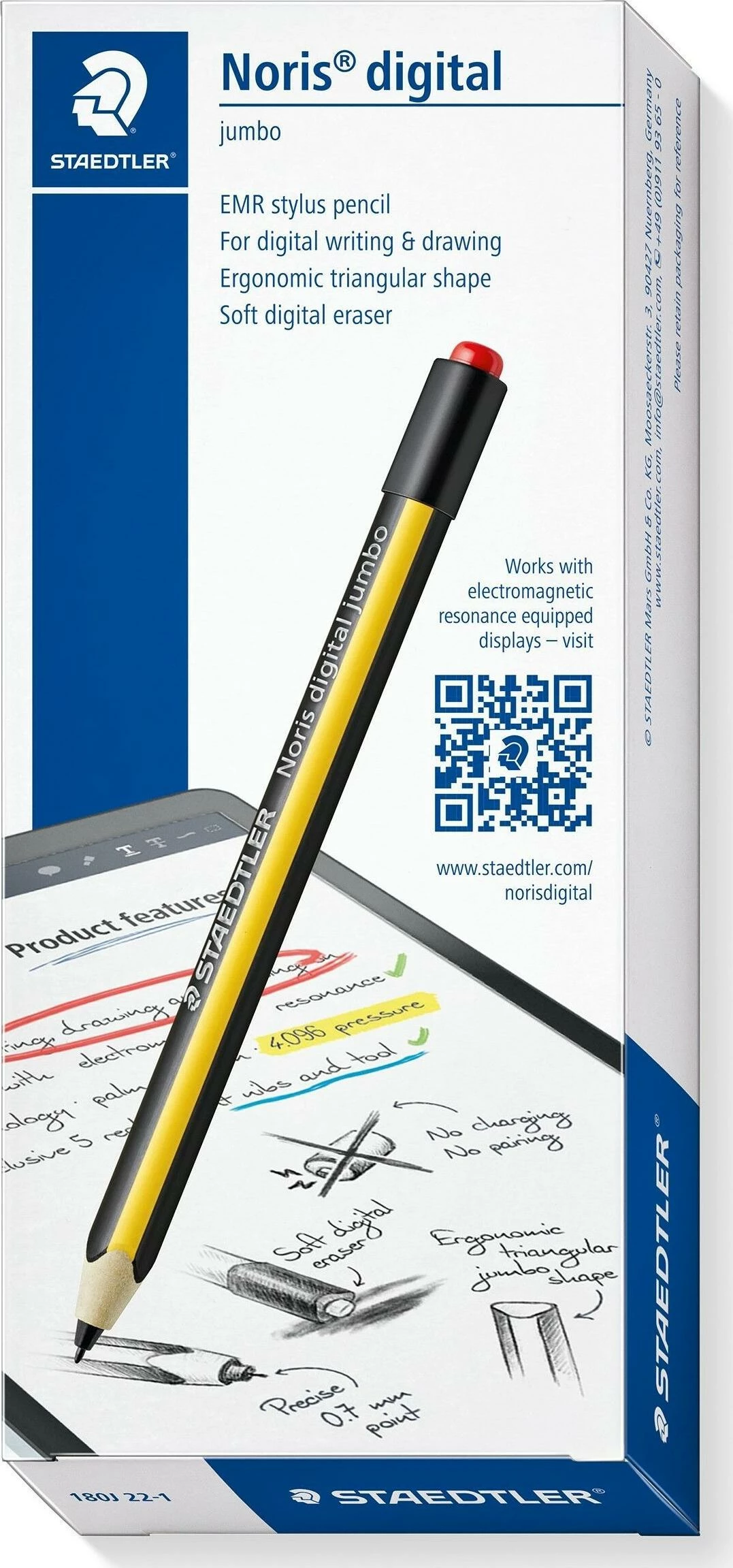 Stylus Staedtler Noris Digital Jumbo, EMR, majë 0.7 mm, 4096 nivele presioni, me gomë digjitale, verdhë/zi