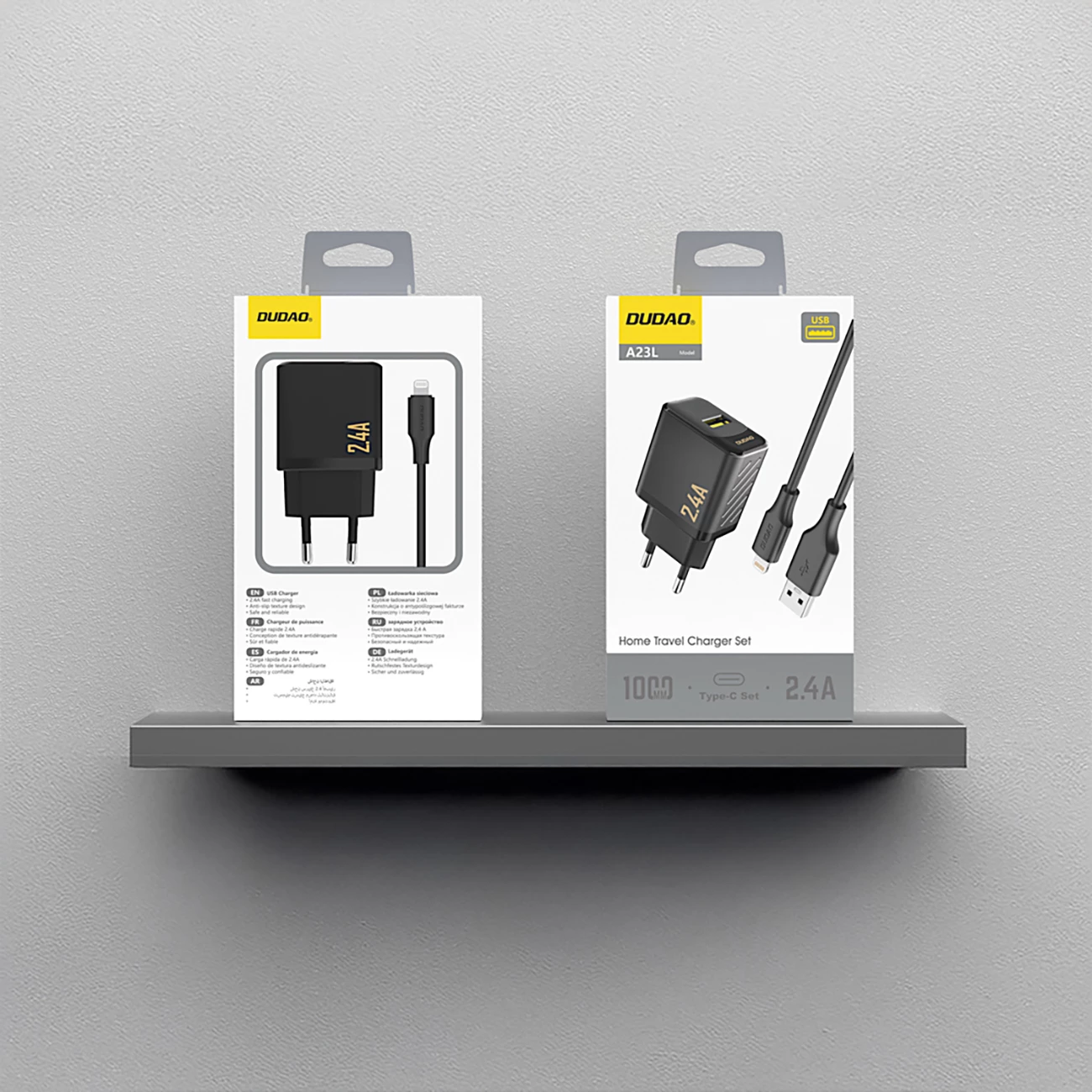 Karikues muri GaN, Dudao A23LEU, 12W 2.4A, USB-A, prizë EU, e zezë, me kabllo USB-A në Lightning 1m