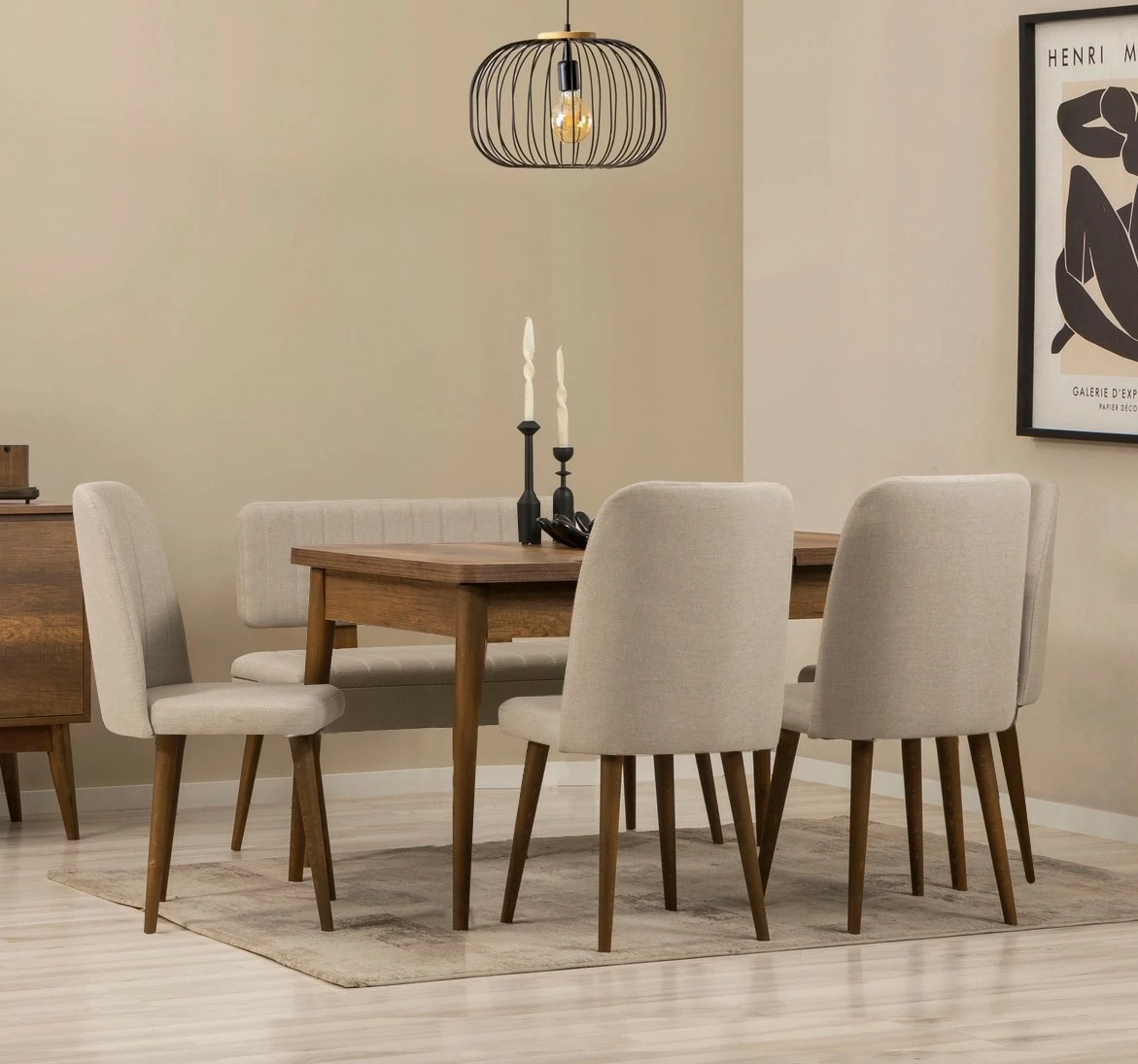 Set tavoline me karrige për ngrënie, zgjatues, 6 pjesë, Skye Decor, ngjyrë arre, krem