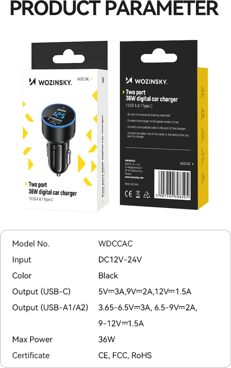 Karikues veture Wozinsky WDCCAC, 36W, 2 porta USB-C/USB-A, i zi