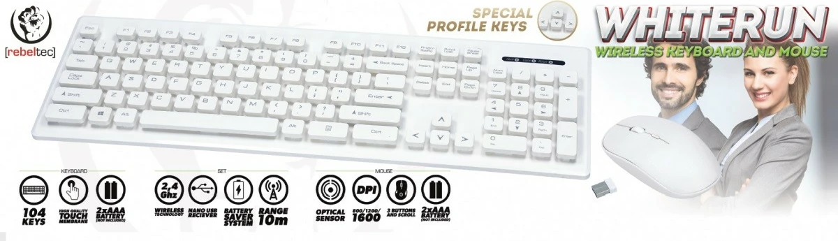 Set wireless tastierë + maus Rebeltec Whiterun, USB, i bardhë
