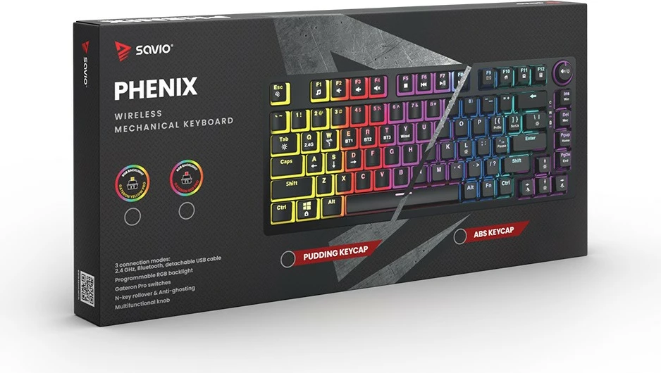 Tastierë mekanike wireless Savio Phenix, Gateron Yellow Pro, 82 taste, RGB, e zezë
