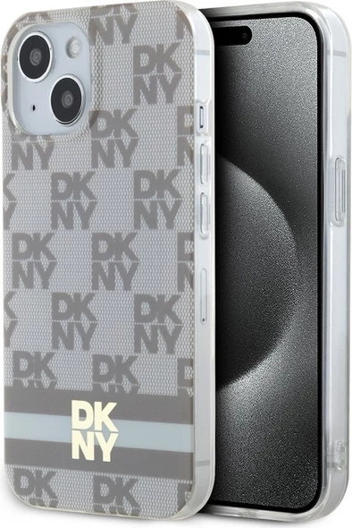 Mbështjellës DKNY IML Checkered Mono Pattern & Printed Stripes MagSafe për iPhone 15 Plus / 14 Plus, Bezhe