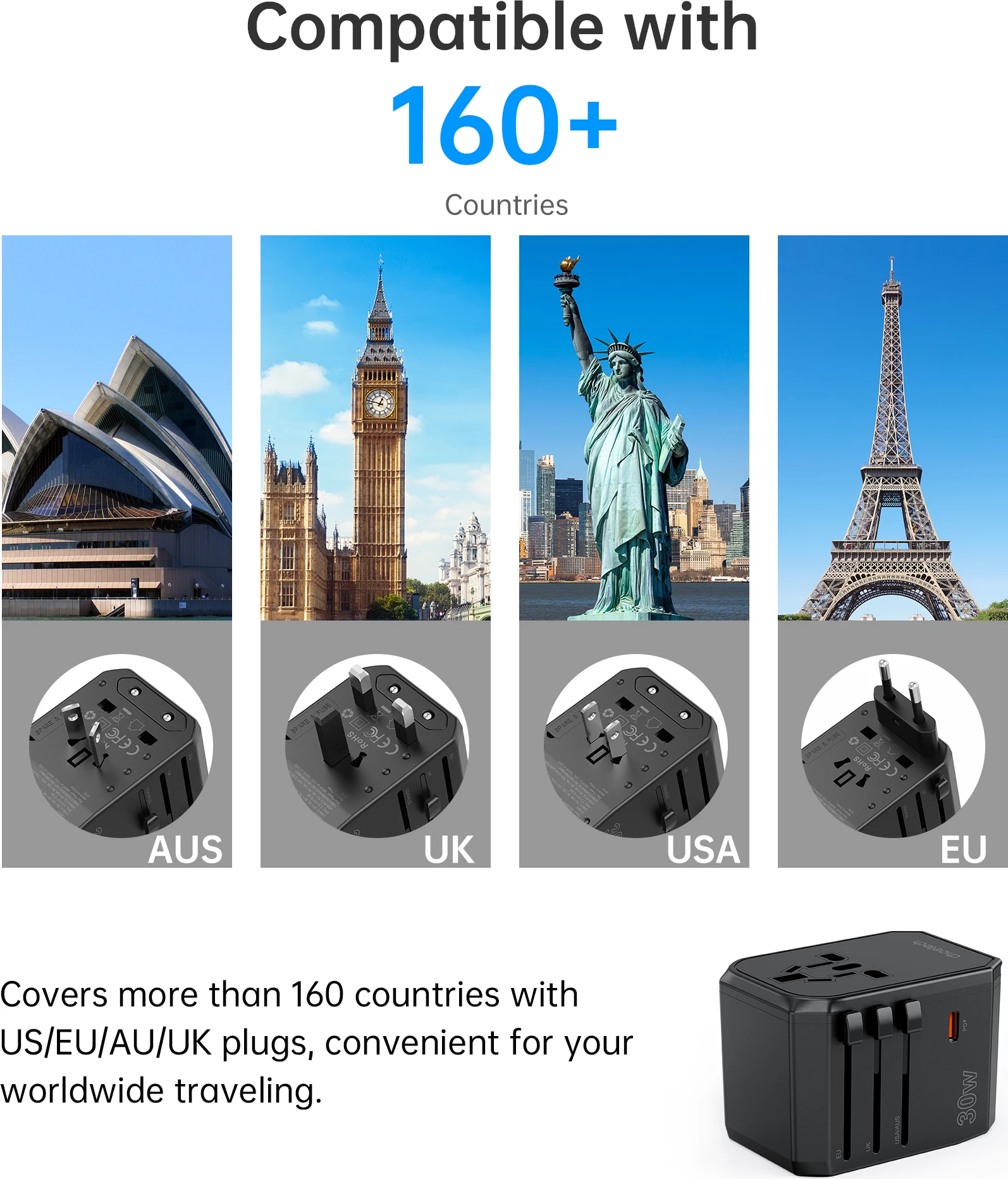 Karikues udhëtimi Choetech PD6041, 30W, 3 porta USB-C/USB-A, 4 priza ndërkombëtare, Zi