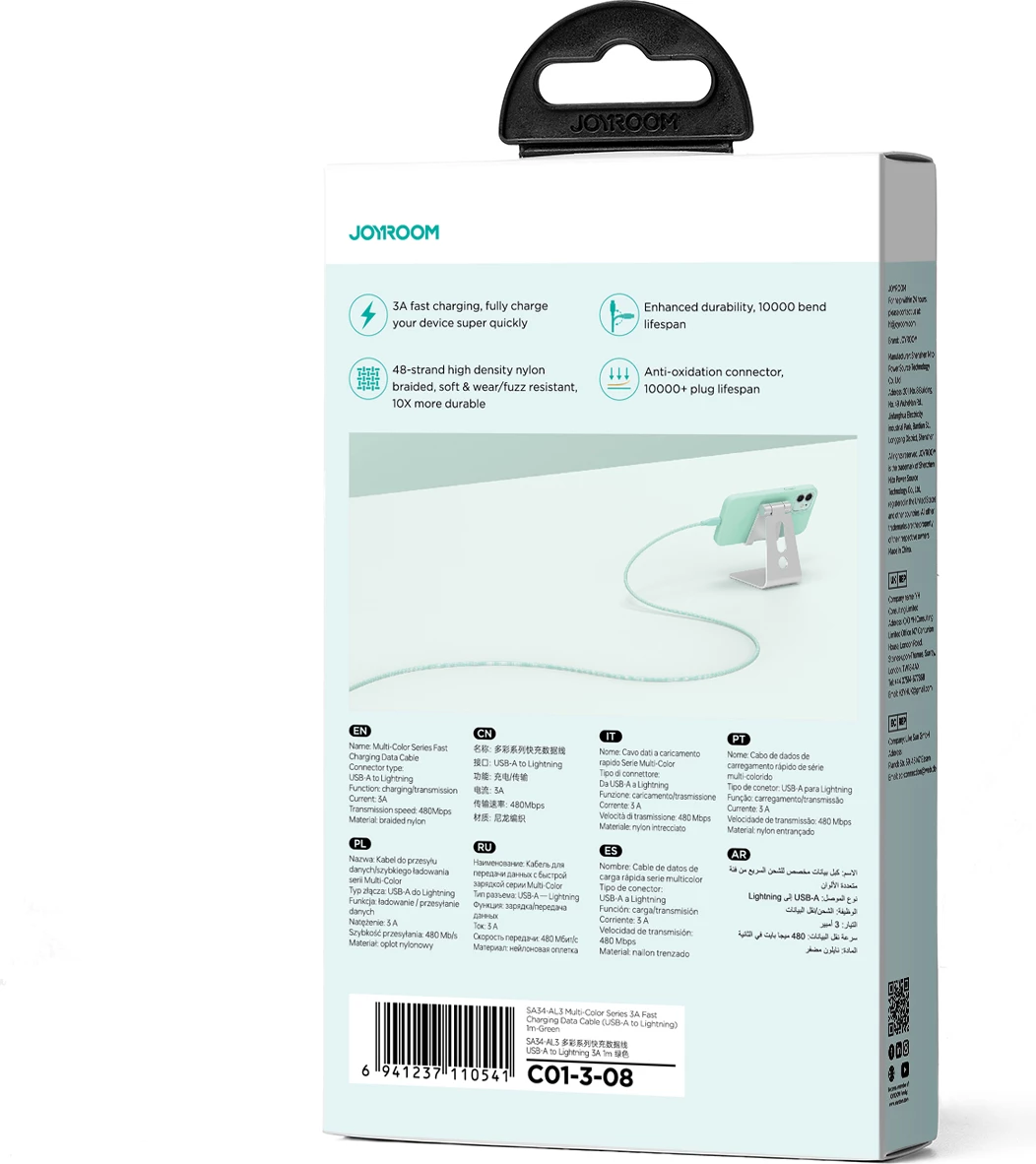 Kabllo Joyroom Multi-Color Series S-A34, USB-A në Lightning, 1m, 3A, e gjelbër