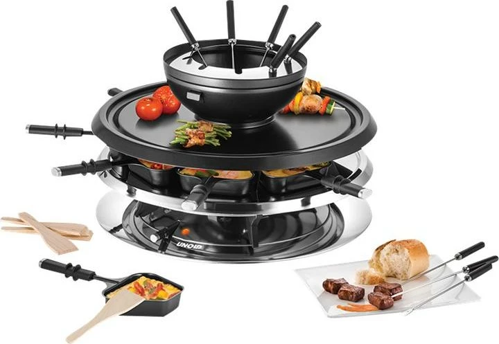 Grill raclette/fondue UNOLD Raclette Multi 4-in-1 48726, 8 persona, pllakë guri + pllakë grill, tenxhere fondue 500–700 ml, e zezë
