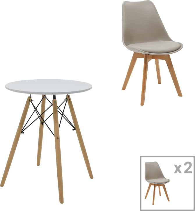 Tavolinë me karrige Julita-Gaston, MDF dhe dru ahu, ngjyrë gri-bardhë-natyrale, Φ60x73cm