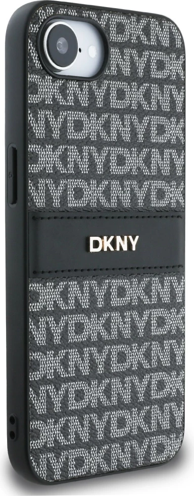 Mbështjellës DKNY Repeat Texture Pattern me shirit dhe logo metalike, për iPhone 16e, e zezë