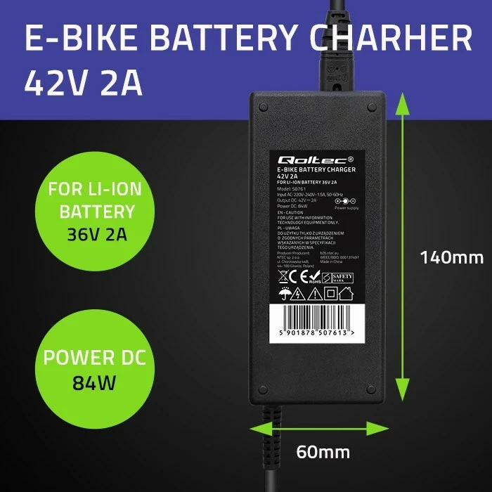 Karikues Qoltec 50761 për bateri e-bike, 42V, 2A, Zi