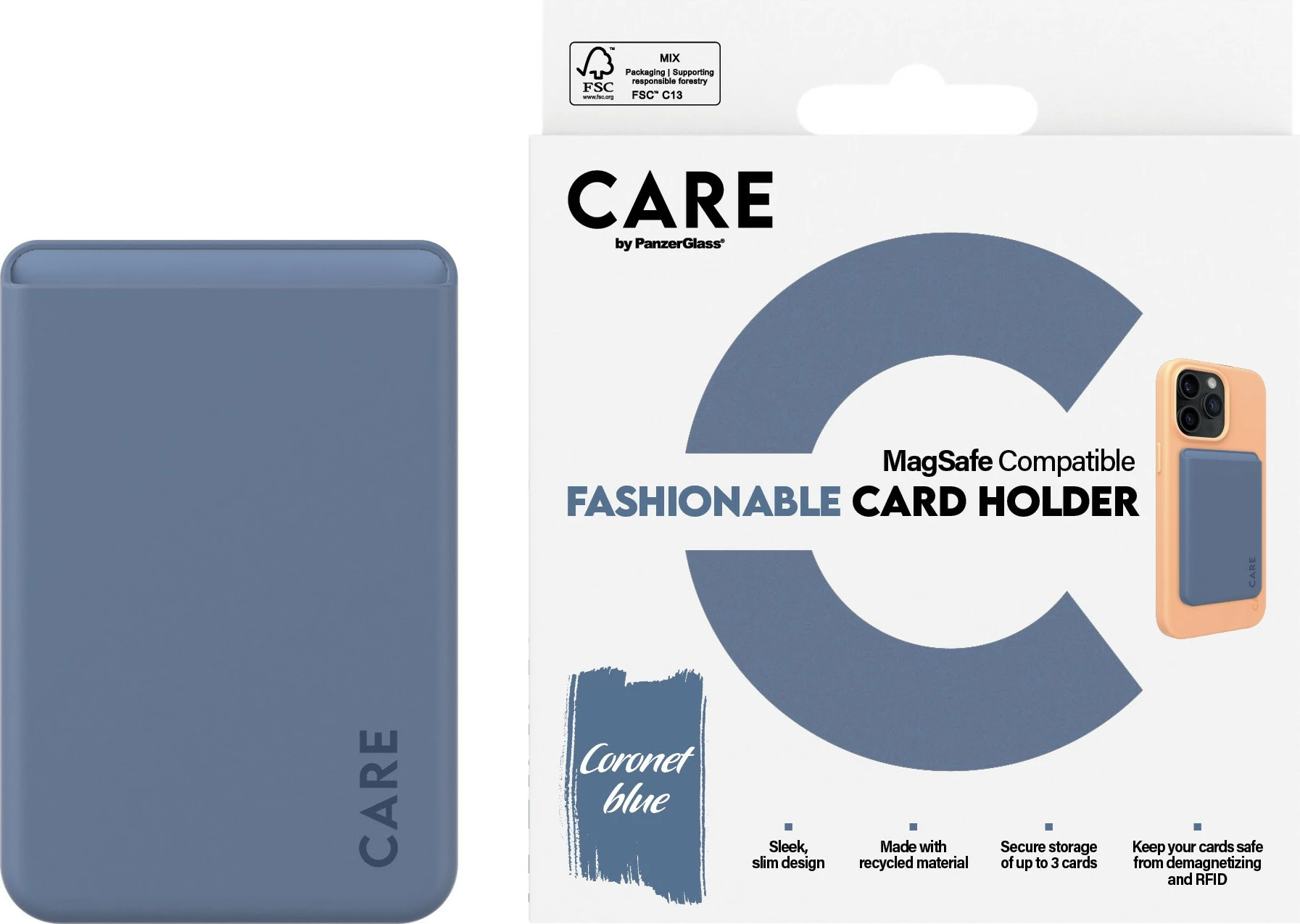 Mbështjellës kartelash PanzerGlass CARE, universal për iPhone, silikon, blu