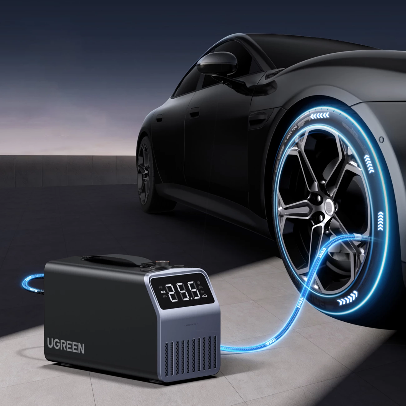 Pompë elektrike për goma Ugreen 12V 150 PSI, ekran digjital, 30 l/min, bateri 3×4500 mAh LiFePO4, gri