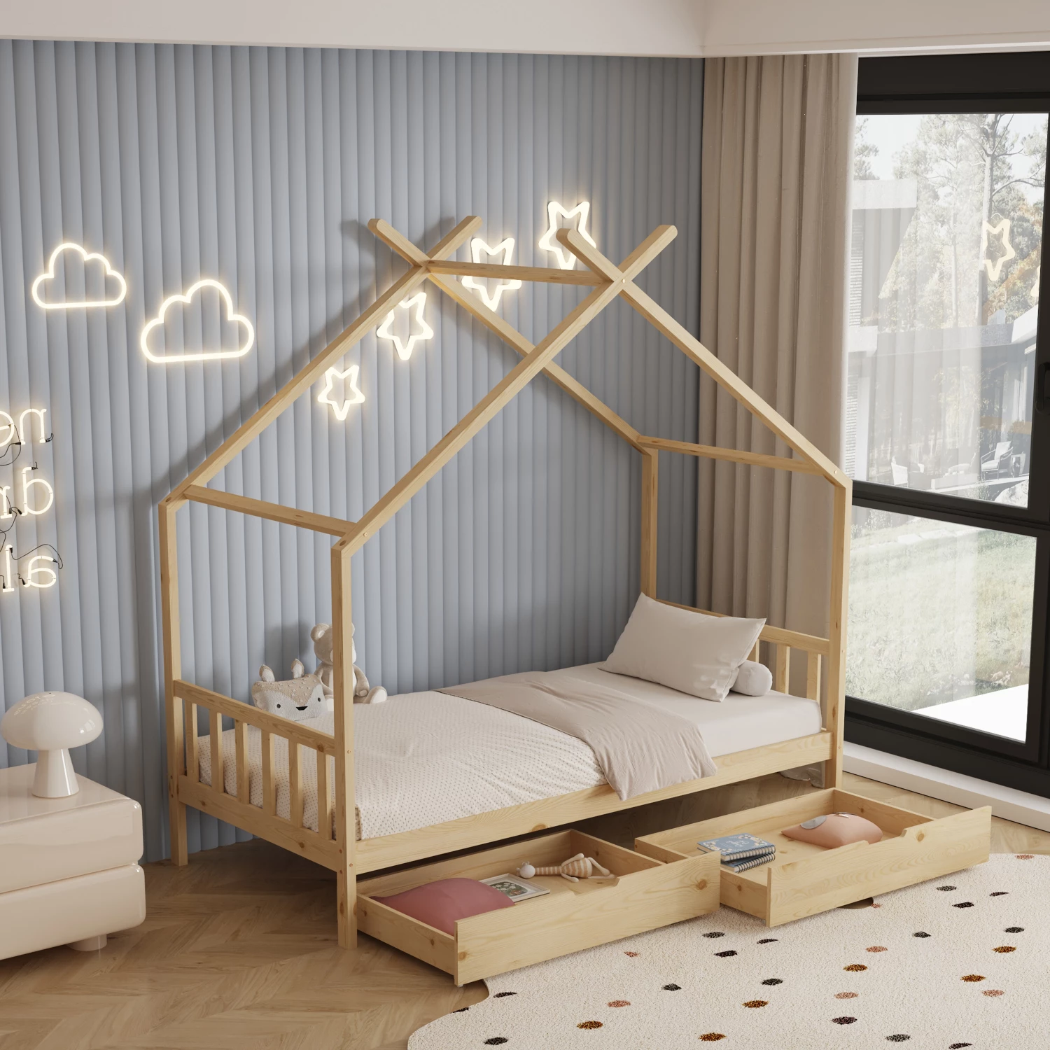 Krevat për fëmijë KLARICE FH680.01 t.MONTESSORI-2 sirtarë- dru pishe i fortë në ngjyrë natyrale- 190x90cm