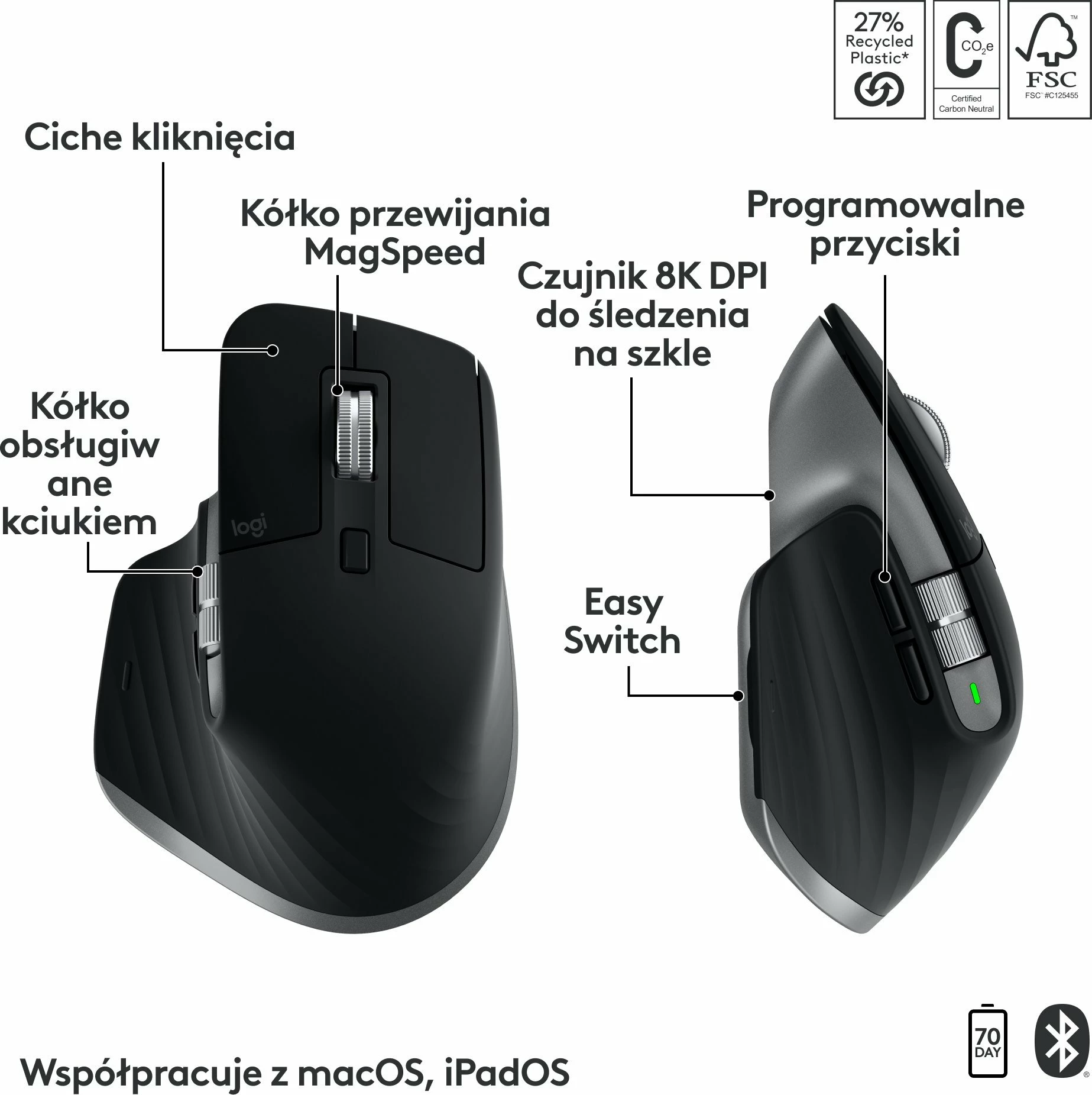 Set tastierë + Maus Logitech MX Keys S Combo for Mac 920-012845, Bluetooth, US INTL, me numpad, i zi, me palm rest