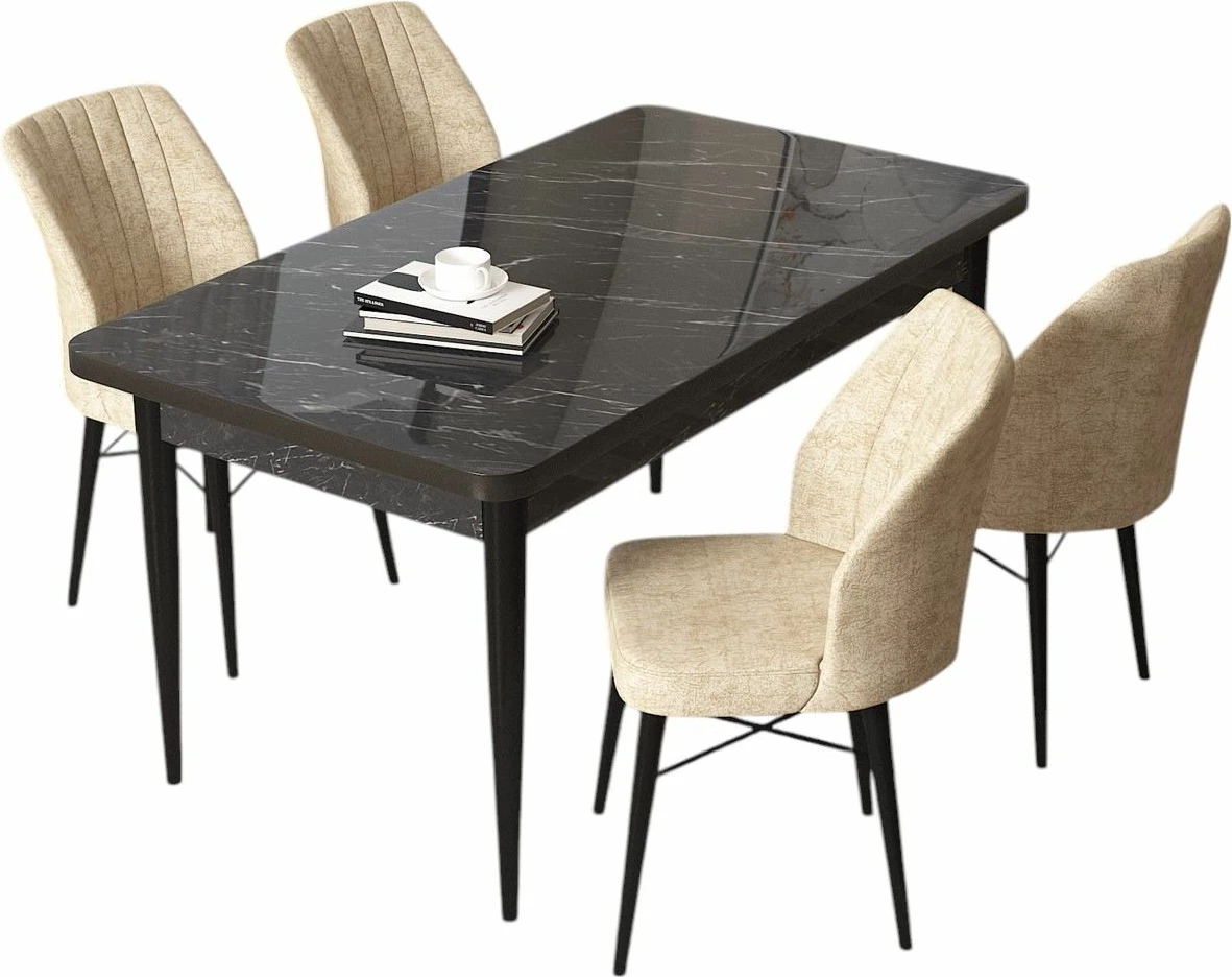 Tavolinë me karrige, 5 copë, Skye Decor, mermer i zi, krem