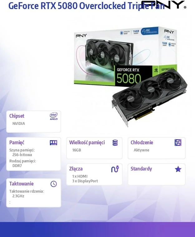 Kartelë grafike PNY GeForce RTX 5080 Overclocked Triple Fan, 16GB DDR7, 256-bit, e zezë