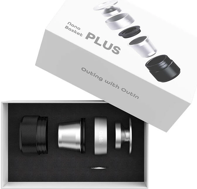 Adapter për double espresso Outin Basket Plus A000008, kapacitet 16–18 g, inoks, set 5-copësh, shumëngjyrësh