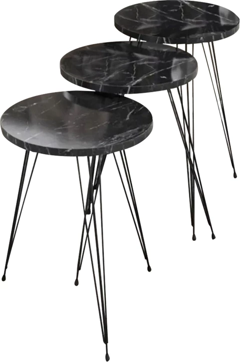 Tavolina anësore Wakmi set 3 copë mermer i zi melaminë-metal i zi