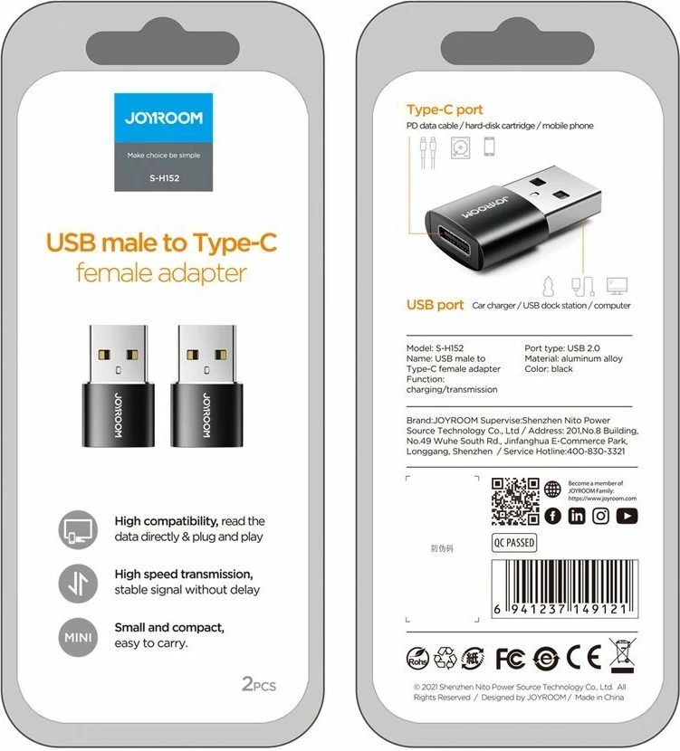 Adapter, Joyroom, S-H152, USB-C (femër) në USB-A (mashkull), USB 3.2 Gen 1 5Gbps, e zezë, set 2 copë