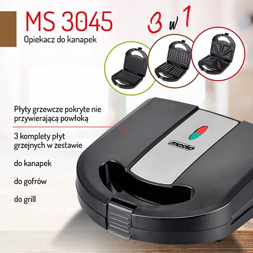 Aparat sandviçi/grilli/wafflesh 3‑në‑1, Mesko, MS 3045, 750–1000W, pllaka të këmbyeshme, zezë‑argjend