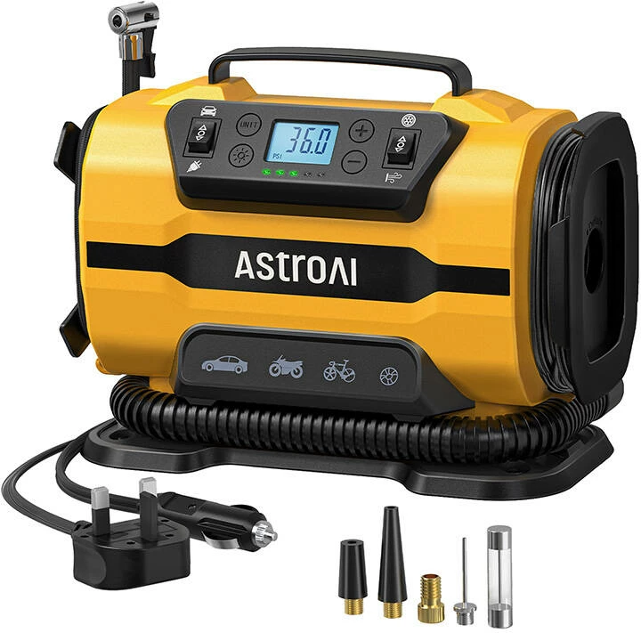 Kompresor portativ AstroAI ATJ-8366, 150 PSI, 12V DC/110V AC, verdhë
