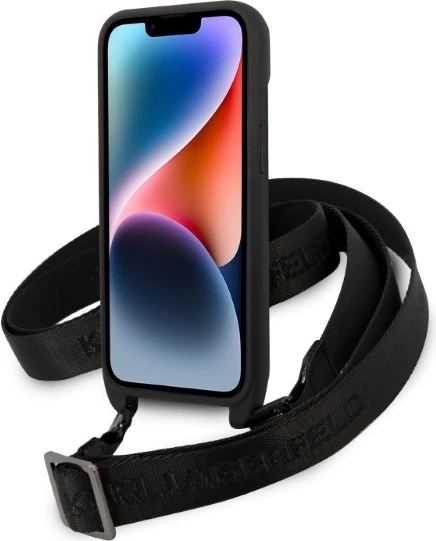 Mbështjellës Karl Lagerfeld Monogram Plaque Logo për iPhone 14/15/13 6.1", i zi me rrip