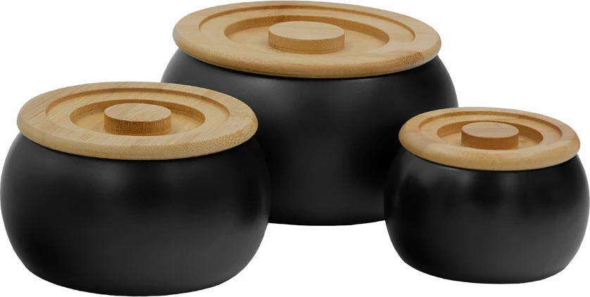 Set 3 kavanoza për ruajtje, porcelan i zi, kapak bambuje, 16x16x23cm