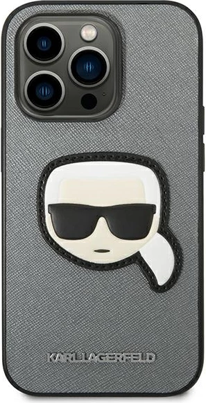 Mbështjellës Karl Lagerfeld KLHCP14LSAPKHG për iPhone 14 Pro 6.1", Saffiano Karl's Head Patch, argjendtë