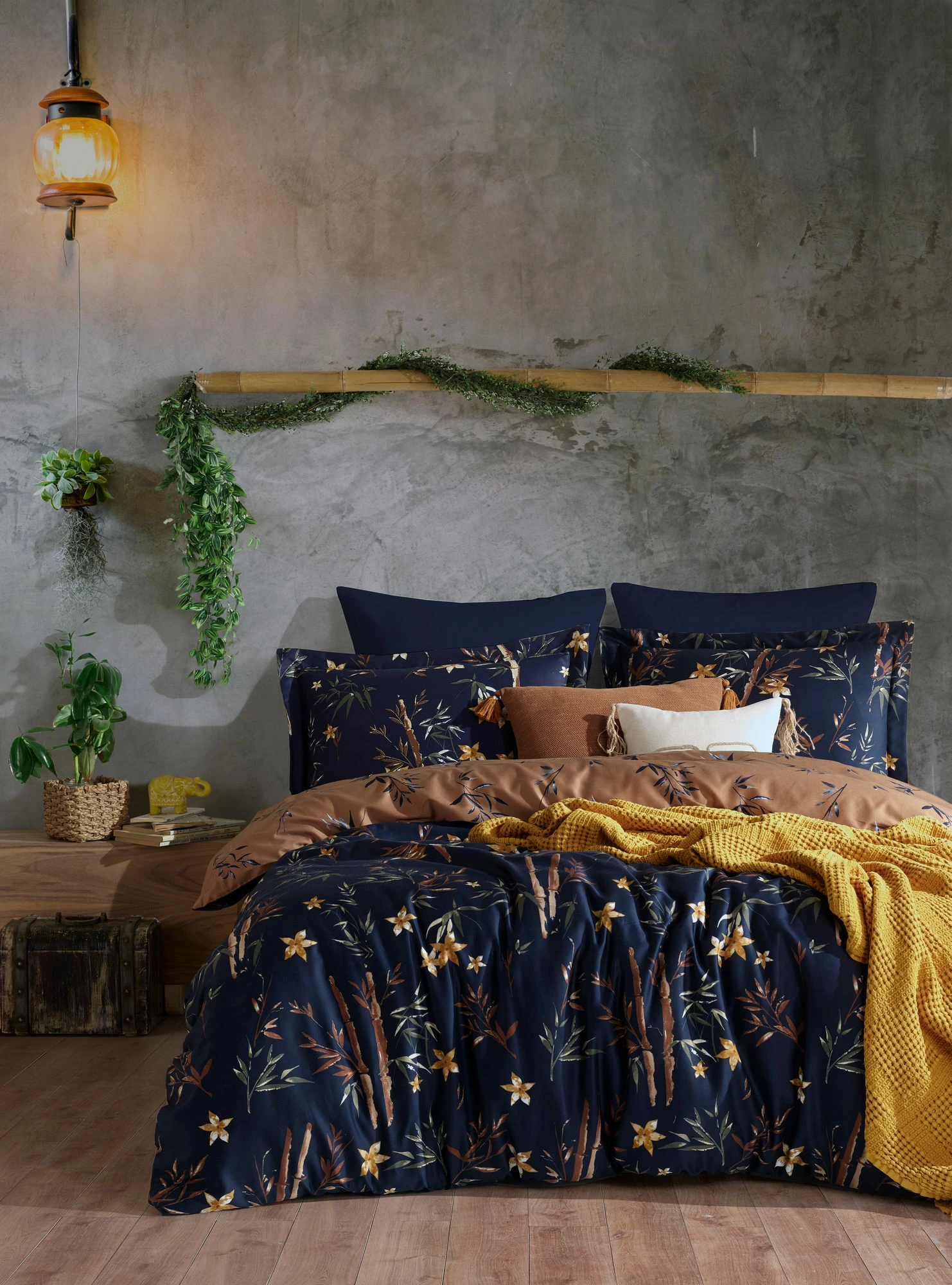 Set mbulesë për jorgan King, saten, L'essentiel, bambu-lule, ngjyrë kaltër e errët, kafe, e verdhë