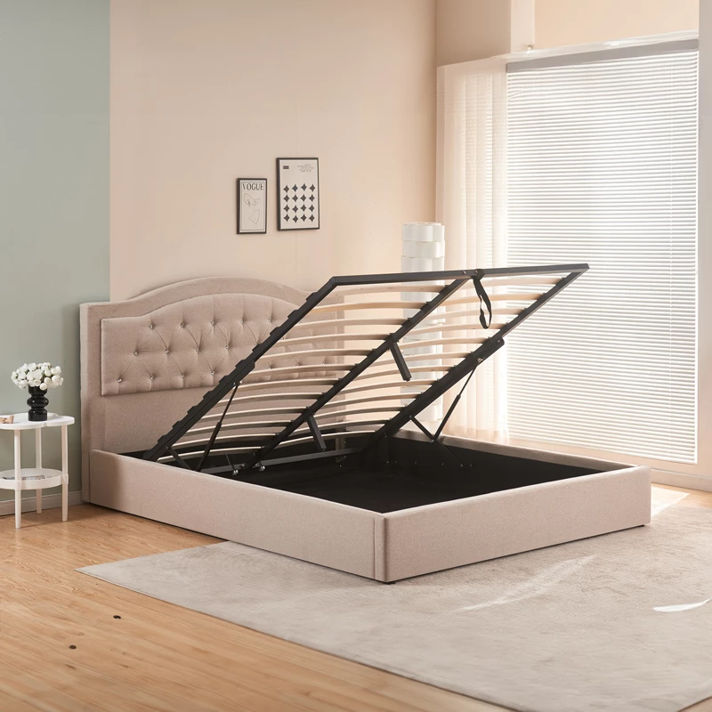 Krevat dopio me hapësirë magazinimi, pëlhurë bezhë, 160x200cm