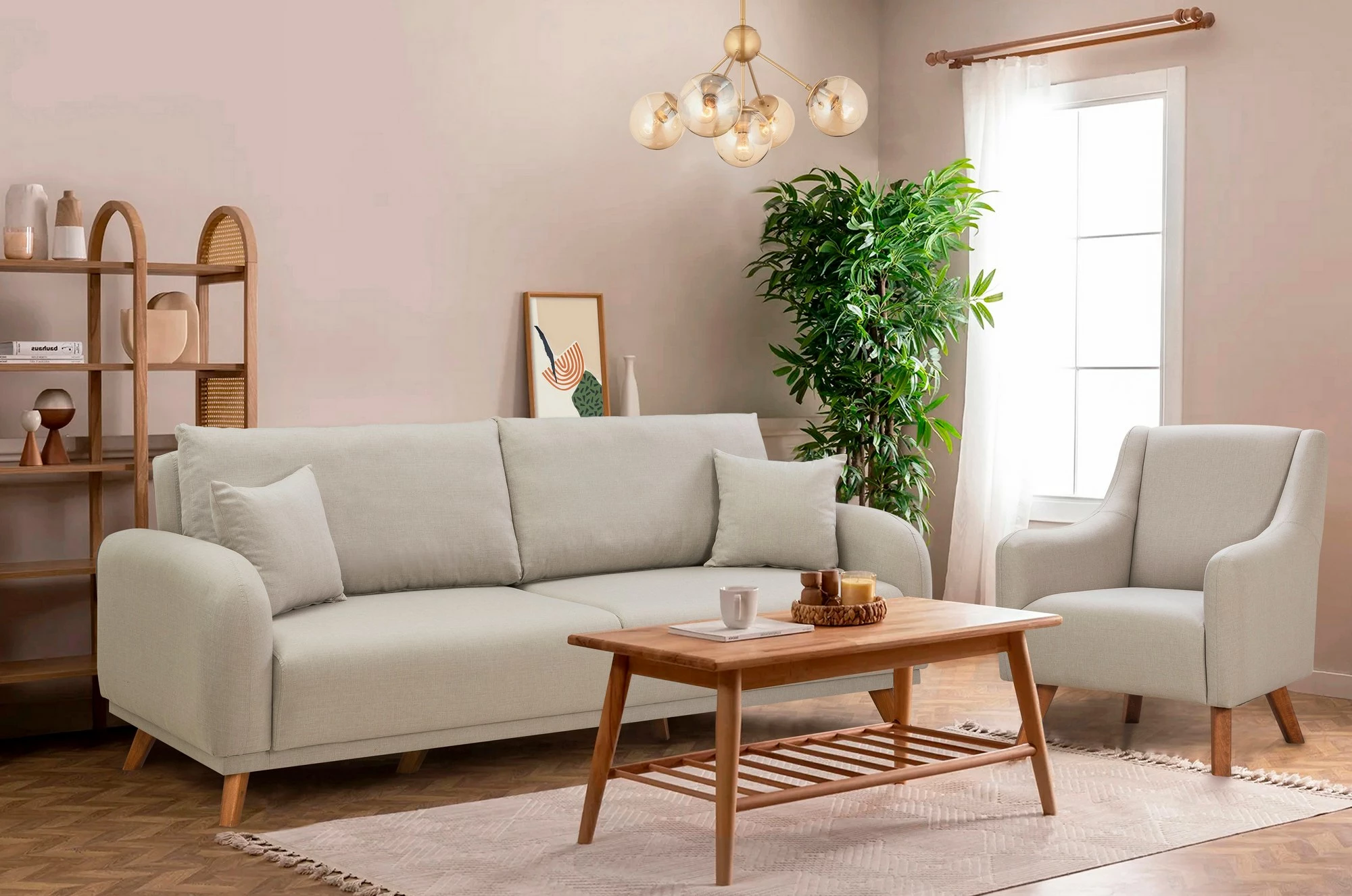 Set divan-krevat Hera, karrige krahu, ngjyrë krem