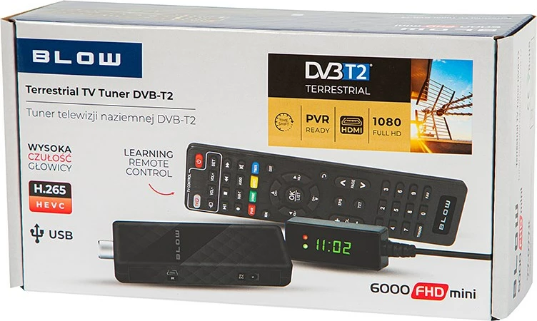 Tuner digjital BLOW 6000FHD MINI H.265, DVB-T2, i zi, me telekomandë