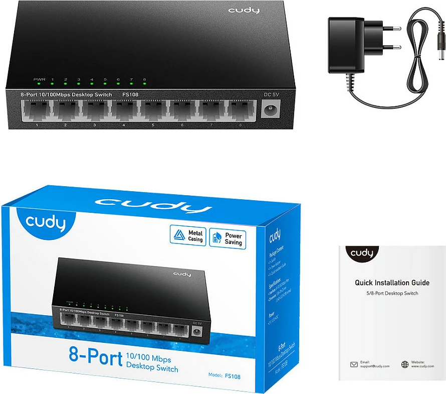 Switch Cudy FS108, 8 porte, Fast Ethernet, kasë metalike, i zi