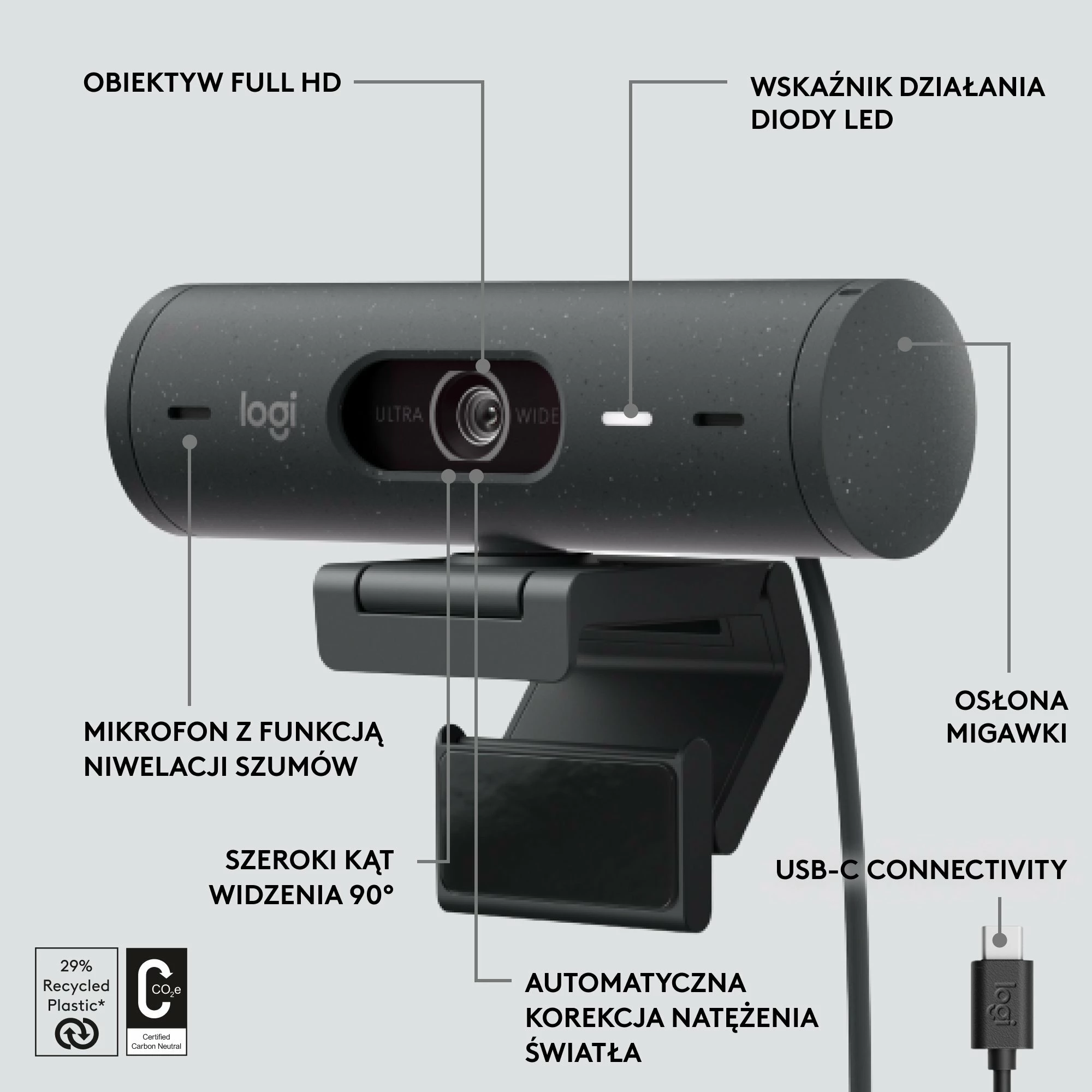 Webkamerë Logitech Brio 500 (960-001422) Full HD 1080p USB-C, Graphite