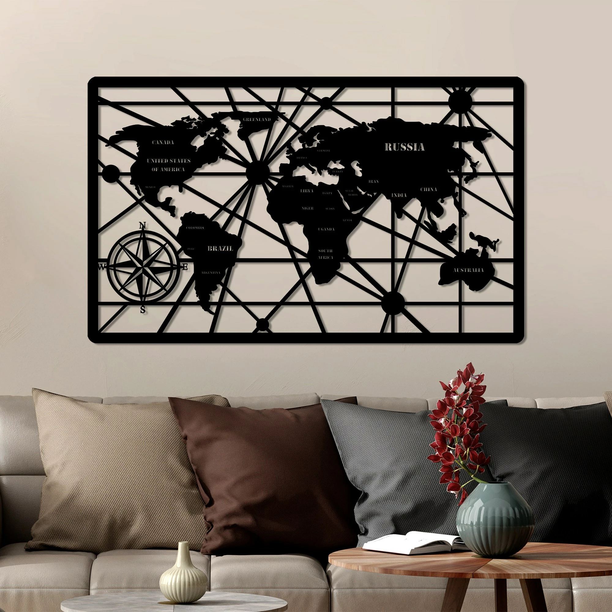 Aksesor dekorativ metalik për mur, hartë bote, Wallity, 7-L