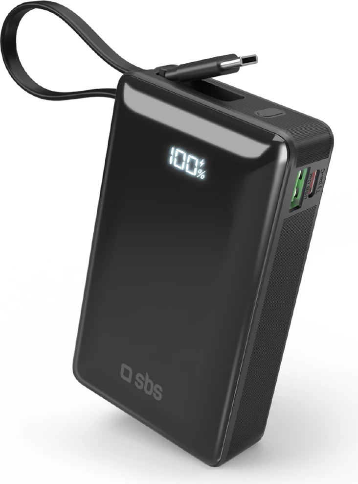 Powerbank SBS 20000 mAh 20W me kabllo USB-C të integruar dhe ekran digjital, e zezë